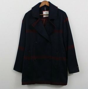Tommy Hilfiger Navy Blue & Red Plaid Wool Coat Oversized Fit